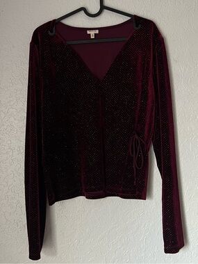 Velvet Wrap Blouse in Deep Burgundy with Sparkle